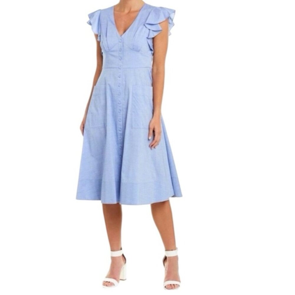 Eliza J Blue Chambray V-NeckFlutter Sleeve Whimsical Preppy Dress Size 8